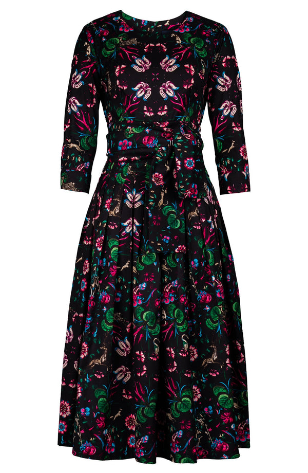 Florance Dress Crew Neck 3/4 Sleeve Midi Length Cotton Stretch (Deer Stalker)