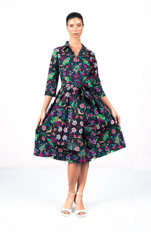 Audrey Dress #1 Shirt Collar 3/4 Sleeve Long Length Cotton Stretch (Deer Stalker)