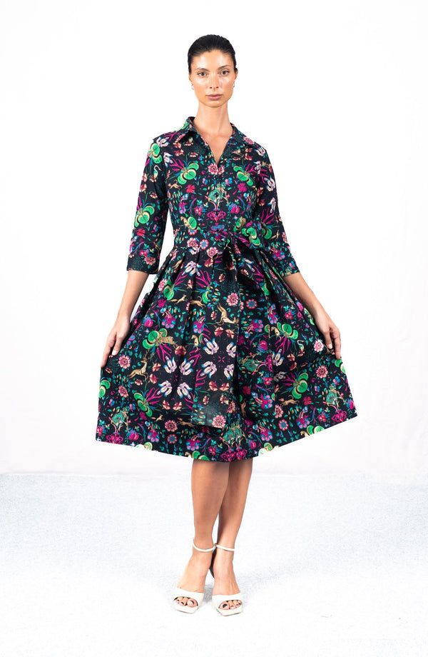 Audrey Dress #1 Shirt Collar 3/4 Sleeve Long Length Cotton Stretch (Deer Stalker)