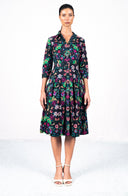 Audrey Dress #1 Shirt Collar 3/4 Sleeve Long Length Cotton Stretch (Deer Stalker)