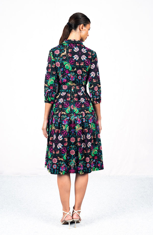 Audrey Dress #1 Shirt Collar 3/4 Sleeve Long Length Cotton Stretch (Deer Stalker)