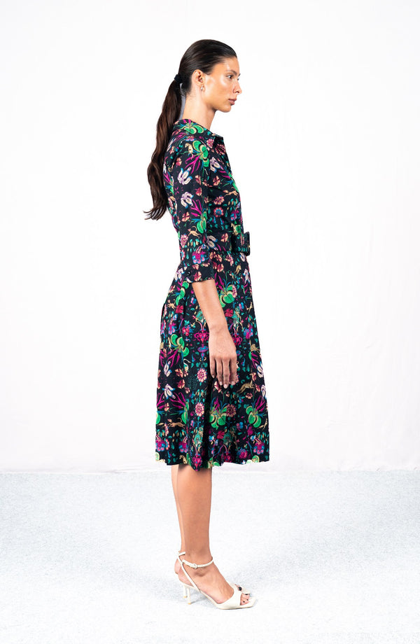 Audrey Dress #1 Shirt Collar 3/4 Sleeve Long Length Cotton Stretch (Deer Stalker)