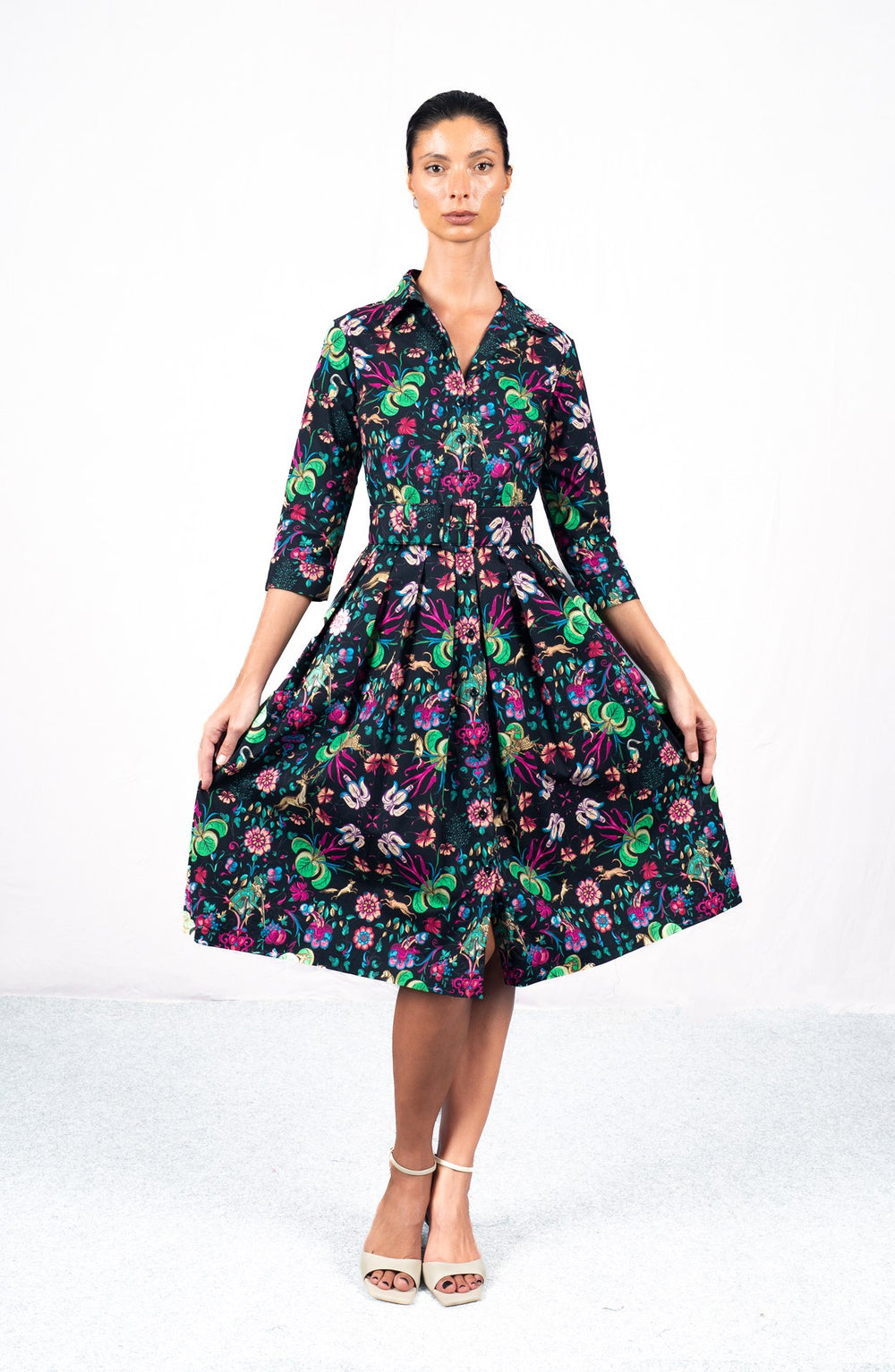 Audrey Dress #1 Shirt Collar 3/4 Sleeve Long Length Cotton Stretch (Deer Stalker)