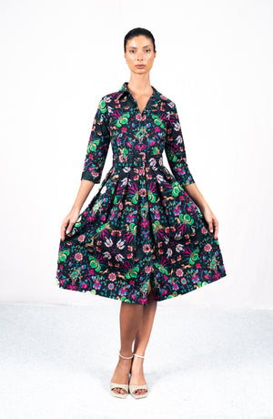 Audrey Dress #1 Shirt Collar 3/4 Sleeve Long Length Cotton Stretch (Deer Stalker)