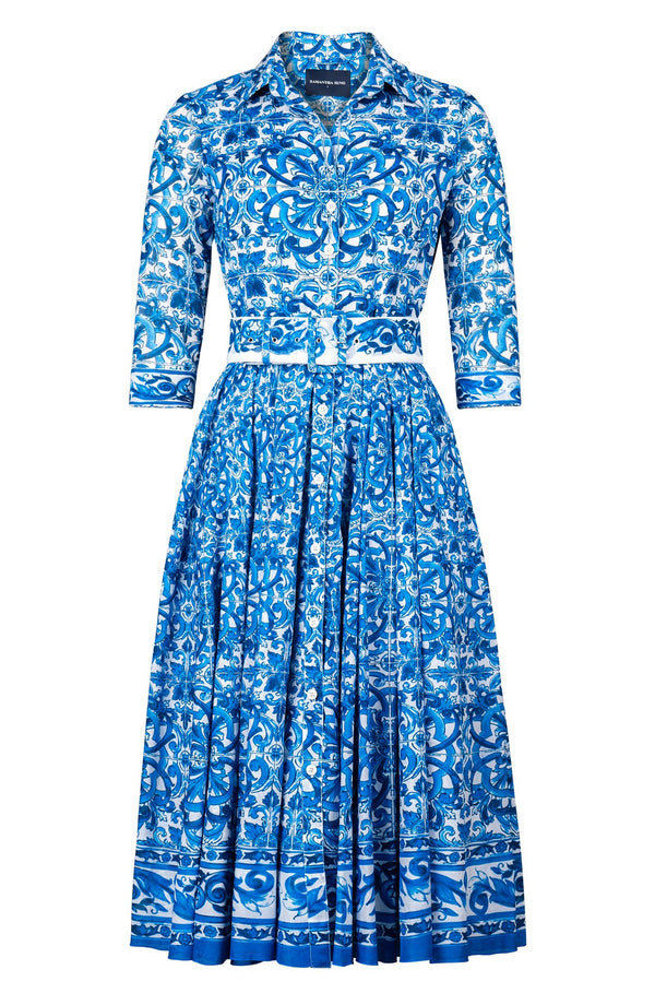 Aster Dress Shirt Collar 3/4 Sleeve Midi Length Cotton Musola (Del Mar Tile)