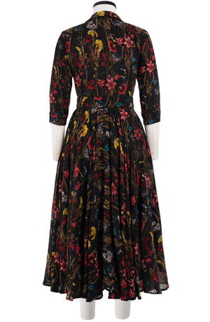 Aster Dress Shirt Collar 3/4 Sleeve Midi Length Wool (Delanica Flower) - Black