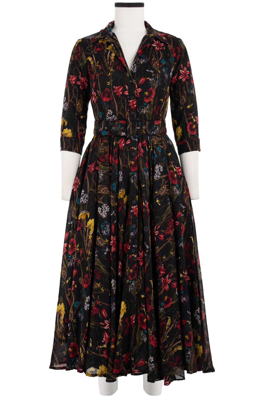 Aster Dress Shirt Collar 3/4 Sleeve Midi Length Wool (Delanica Flower) - Black