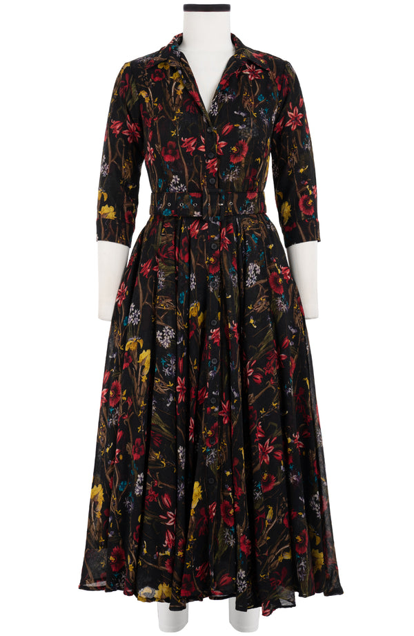 Aster Dress Shirt Collar 3/4 Sleeve Midi Length Wool (Delanica Flower) - Black