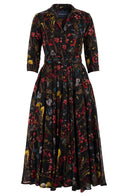 Aster Dress Shirt Collar 3/4 Sleeve Midi Length Wool (Delanica Flower) - Black