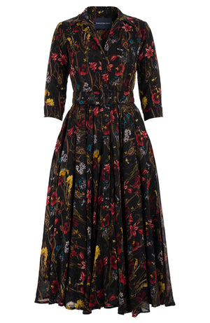 Aster Dress Shirt Collar 3/4 Sleeve Midi Length Wool (Delanica Flower) - Black