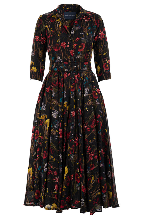 Aster Dress Shirt Collar 3/4 Sleeve Midi Length Wool (Delanica Flower) - Black