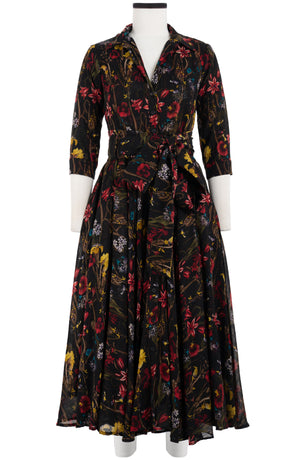 Aster Dress Shirt Collar 3/4 Sleeve Midi Length Wool (Delanica Flower) - Black