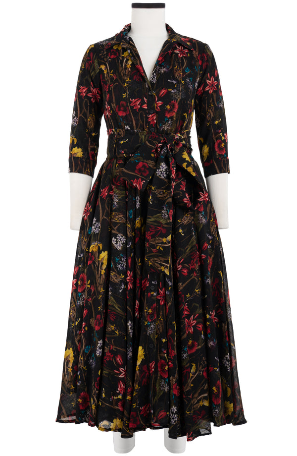 Aster Dress Shirt Collar 3/4 Sleeve Midi Length Wool (Delanica Flower) - Black
