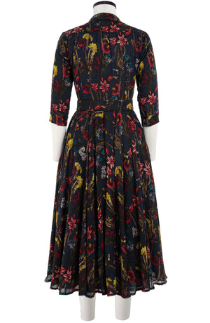 Aster Dress Shirt Collar 3/4 Sleeve Midi Length Wool (Delanica Flower) - Indigo