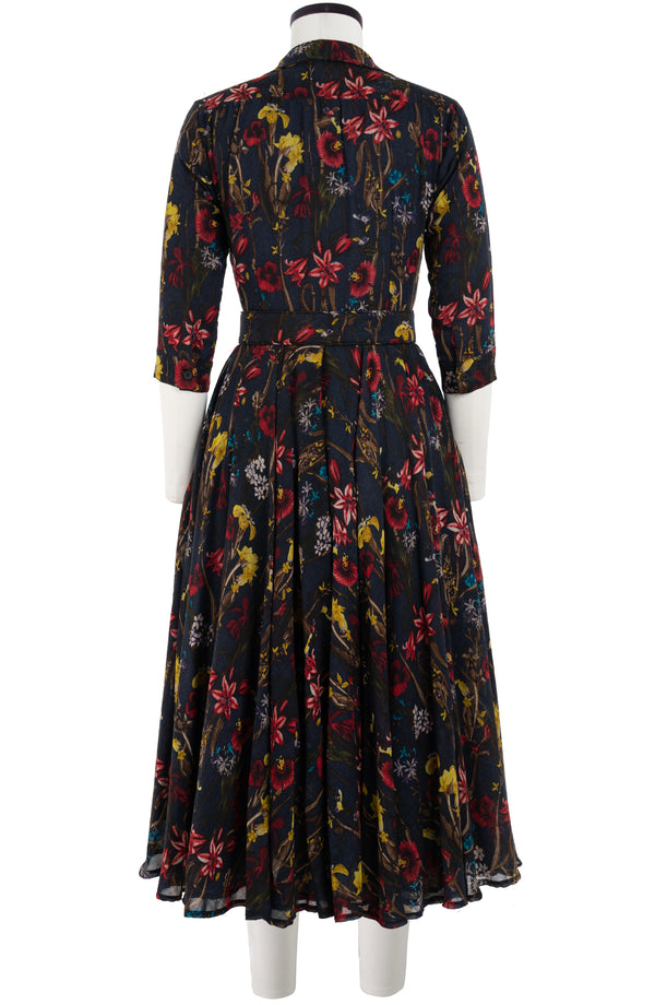 Aster Dress Shirt Collar 3/4 Sleeve Midi Length Wool (Delanica Flower) - Indigo