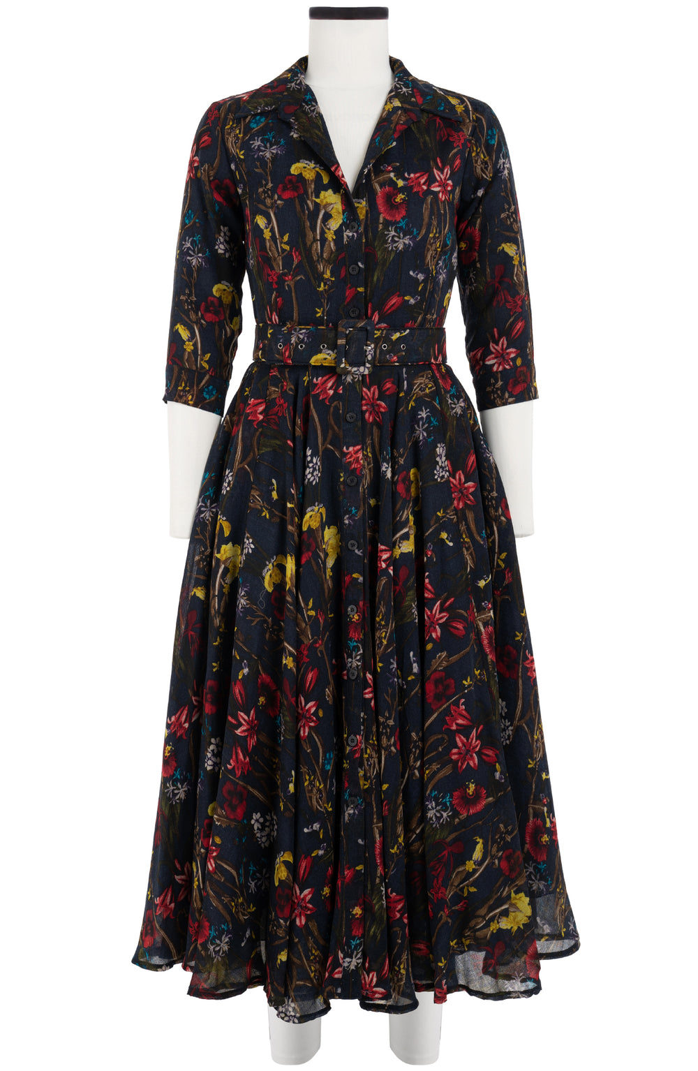 Aster Dress Shirt Collar 3/4 Sleeve Midi Length Wool (Delanica Flower) - Indigo