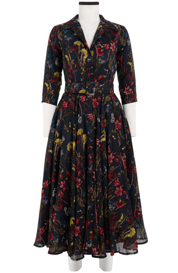 Aster Dress Shirt Collar 3/4 Sleeve Midi Length Wool (Delanica Flower) - Indigo