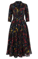 Aster Dress Shirt Collar 3/4 Sleeve Midi Length Wool (Delanica Flower) - Indigo