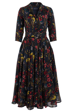 Aster Dress Shirt Collar 3/4 Sleeve Midi Length Wool (Delanica Flower) - Indigo