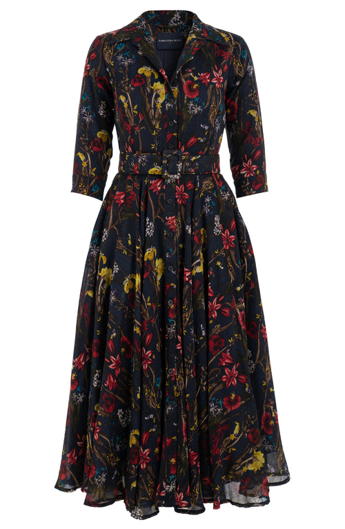 Aster Dress Shirt Collar 3/4 Sleeve Midi Length Wool (Delanica Flower) - Indigo