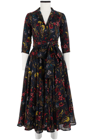 Aster Dress Shirt Collar 3/4 Sleeve Midi Length Wool (Delanica Flower) - Indigo