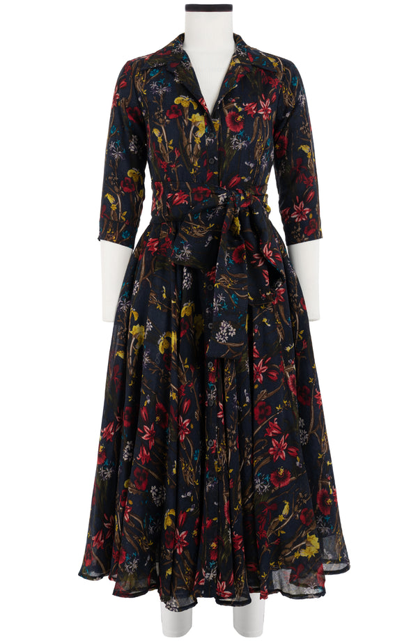Aster Dress Shirt Collar 3/4 Sleeve Midi Length Wool (Delanica Flower) - Indigo