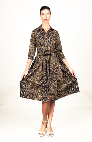 Audrey Dress #1 Shirt Collar 3/4 Sleeve Long Length Cotton Stretch (Dior Leopard Dark)