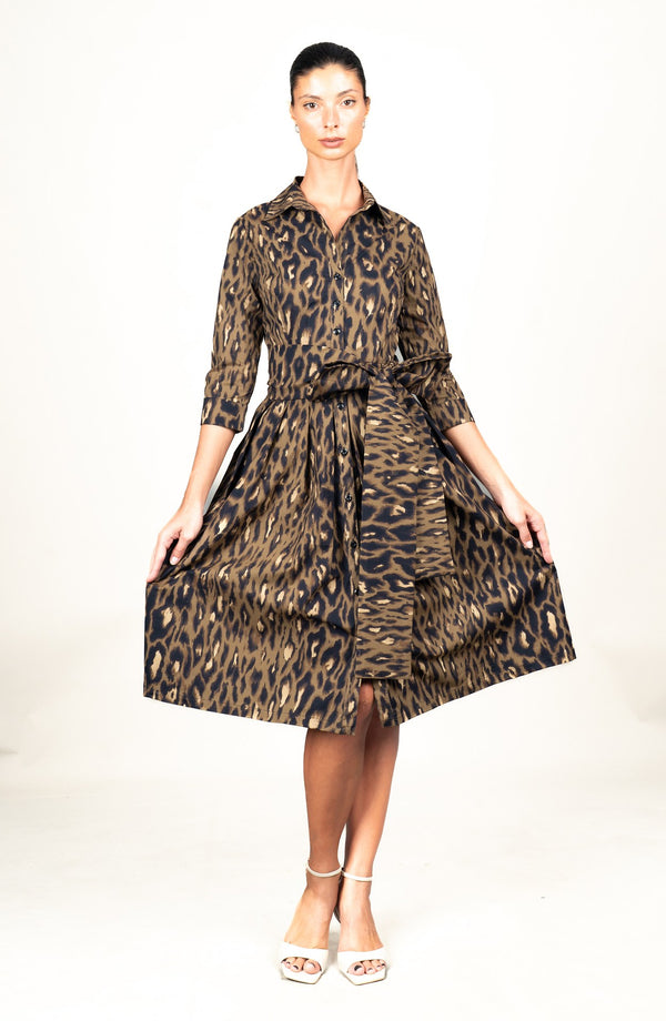 Audrey Dress #1 Shirt Collar 3/4 Sleeve Long Length Cotton Stretch (Dior Leopard Dark)