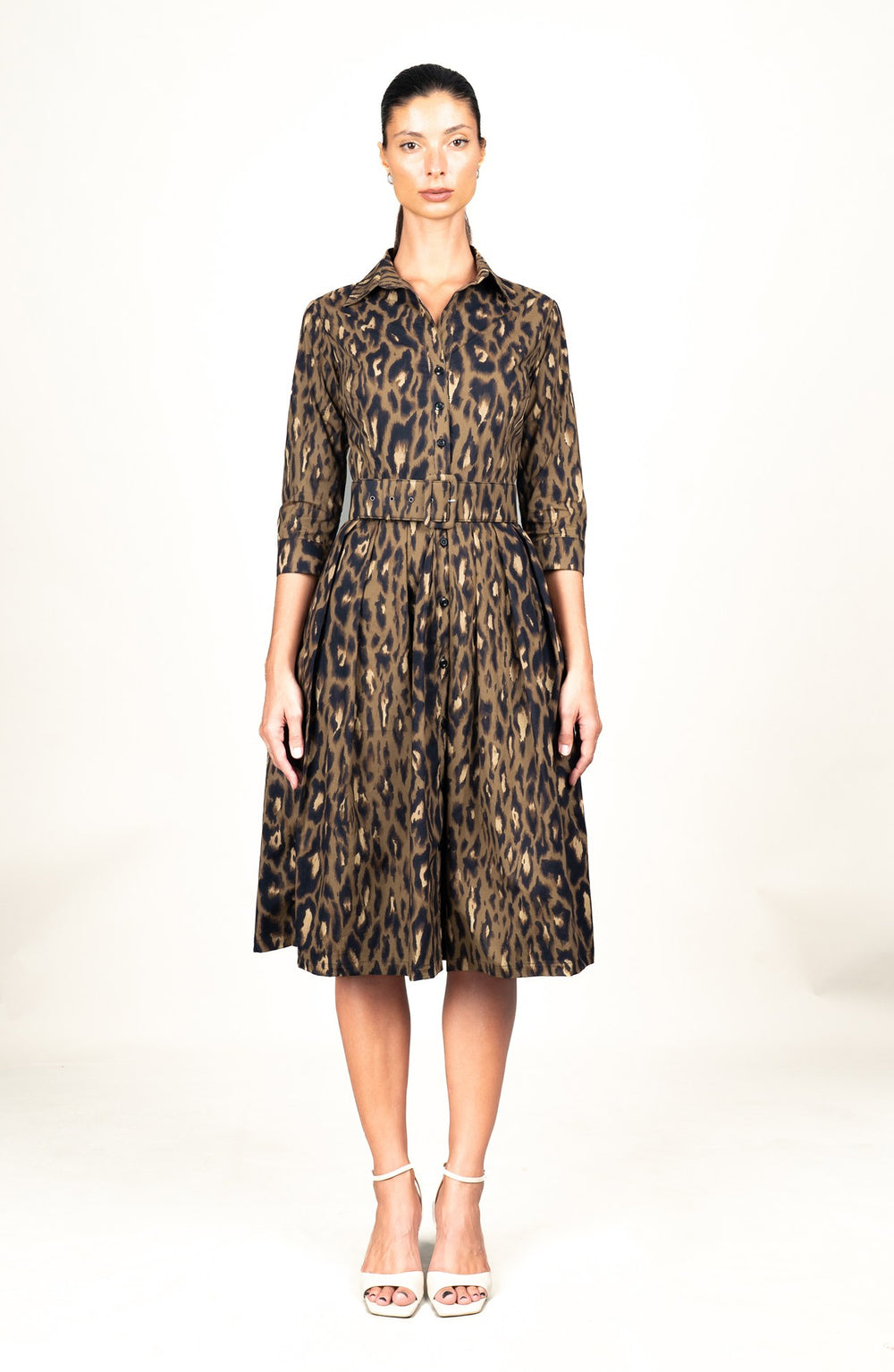 Audrey Dress #1 Shirt Collar 3/4 Sleeve Long Length Cotton Stretch (Dior Leopard Dark)