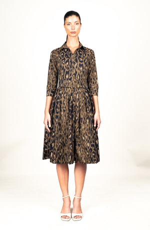 Audrey Dress #1 Shirt Collar 3/4 Sleeve Long Length Cotton Stretch (Dior Leopard Dark)