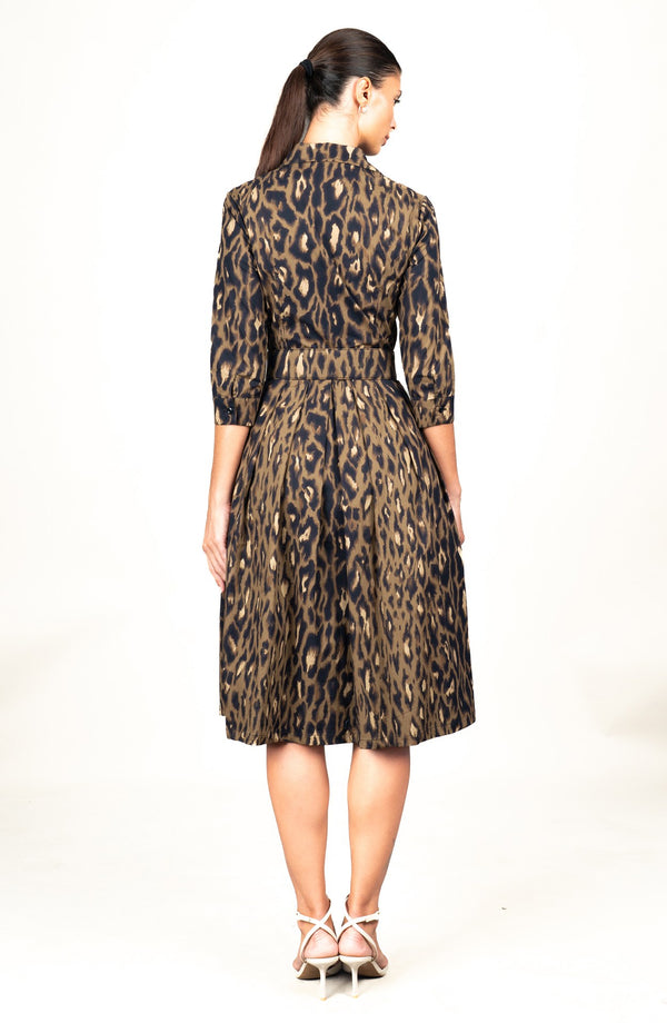 Audrey Dress #1 Shirt Collar 3/4 Sleeve Long Length Cotton Stretch (Dior Leopard Dark)