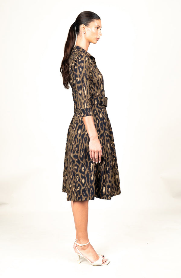 Audrey Dress #1 Shirt Collar 3/4 Sleeve Long Length Cotton Stretch (Dior Leopard Dark)
