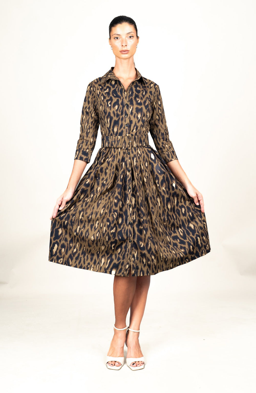 Audrey Dress #1 Shirt Collar 3/4 Sleeve Long Length Cotton Stretch (Dior Leopard Dark)