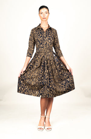 Audrey Dress #1 Shirt Collar 3/4 Sleeve Long Length Cotton Stretch (Dior Leopard Dark)