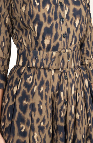 Audrey Dress #1 Shirt Collar 3/4 Sleeve Long Length Cotton Stretch (Dior Leopard Dark)