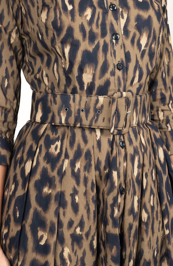 Audrey Dress #1 Shirt Collar 3/4 Sleeve Long Length Cotton Stretch (Dior Leopard Dark)