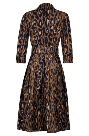 Audrey Dress #1 Shirt Collar 3/4 Sleeve Long Length Cotton Stretch (Dior Leopard Dark)