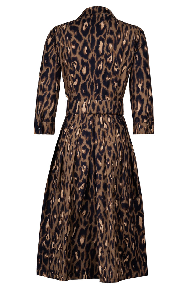 Audrey Dress #1 Shirt Collar 3/4 Sleeve Long Length Cotton Stretch (Dior Leopard Dark)