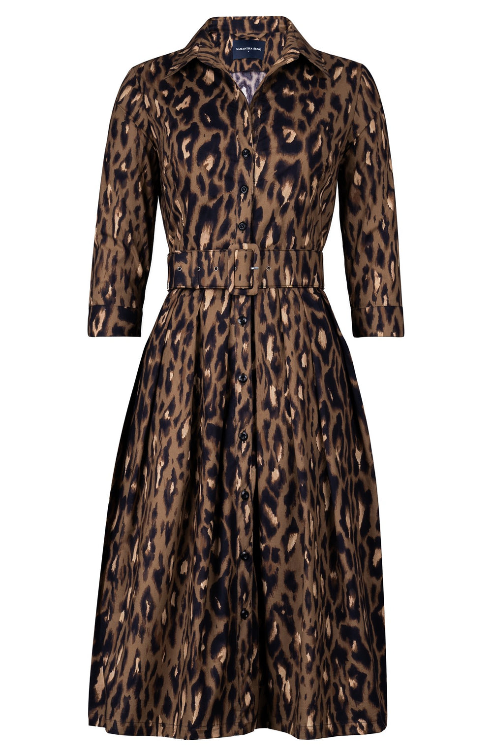 Audrey Dress #1 Shirt Collar 3/4 Sleeve Long Length Cotton Stretch (Dior Leopard Dark)