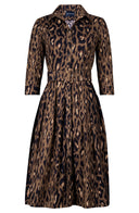 Audrey Dress #1 Shirt Collar 3/4 Sleeve Long Length Cotton Stretch (Dior Leopard Dark)