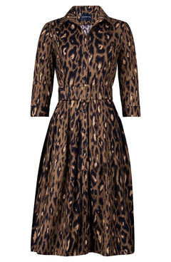 Audrey Dress #1 Shirt Collar 3/4 Sleeve Long Length Cotton Stretch (Dior Leopard Dark)