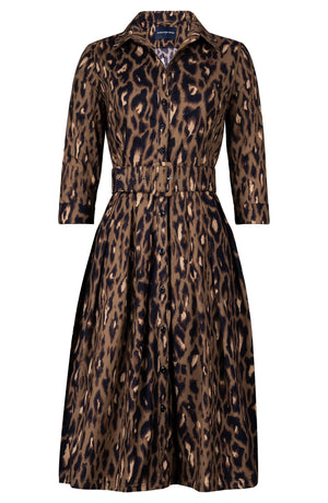 Audrey Dress #1 Shirt Collar 3/4 Sleeve Long Length Cotton Stretch (Dior Leopard Dark)