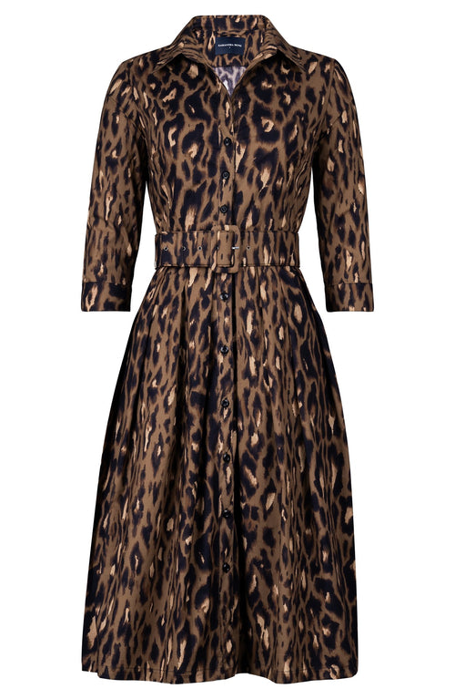 Audrey Dress #1 Shirt Collar 3/4 Sleeve Long Length Cotton Stretch (Dior Leopard Dark)