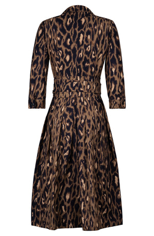 Audrey Dress #1 Shirt Collar 3/4 Sleeve Long Length Cotton Stretch (Dior Leopard Dark)