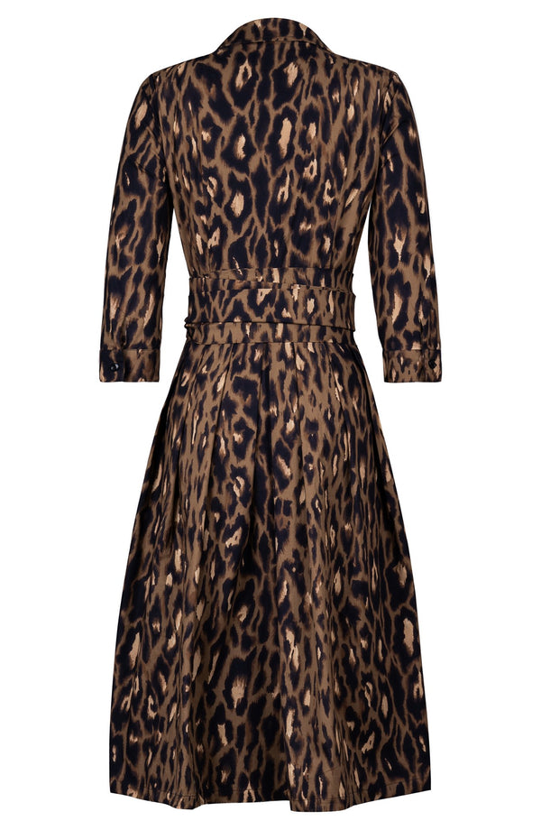Audrey Dress #1 Shirt Collar 3/4 Sleeve Long Length Cotton Stretch (Dior Leopard Dark)