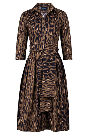 Audrey Dress #1 Shirt Collar 3/4 Sleeve Long Length Cotton Stretch (Dior Leopard Dark)