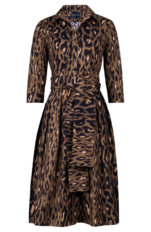 Audrey Dress #1 Shirt Collar 3/4 Sleeve Long Length Cotton Stretch (Dior Leopard Dark)