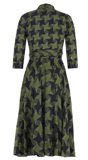 Olivia Dress Shirt Collar 3/4 Sleeve Midi Length Wool Musola (Dogstooth Weaves Multi) - Sepia Green