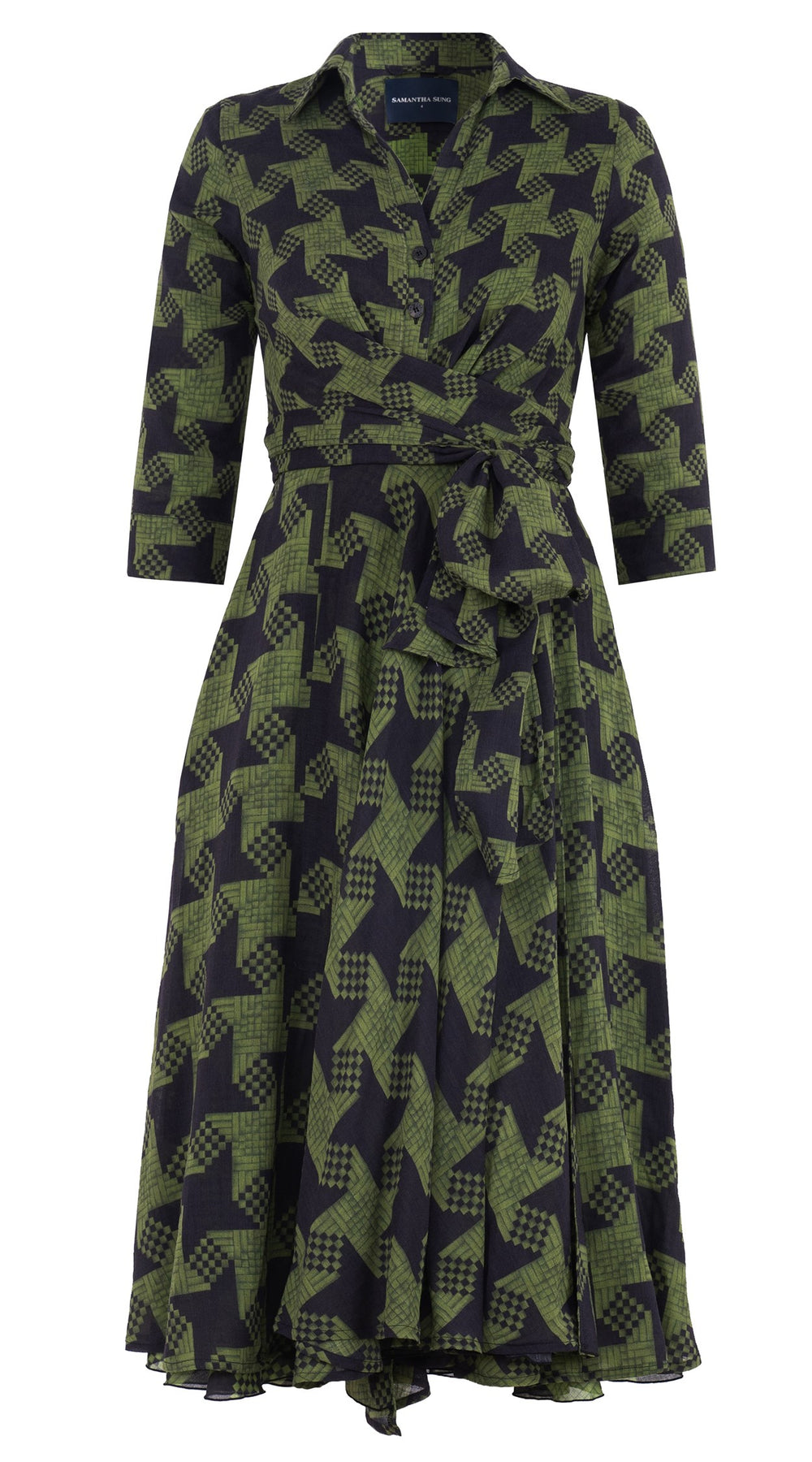 Olivia Dress Shirt Collar 3/4 Sleeve Midi Length Wool Musola (Dogstooth Weaves Multi) - Sepia Green