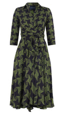 Olivia Dress Shirt Collar 3/4 Sleeve Midi Length Wool Musola (Dogstooth Weaves Multi) - Sepia Green